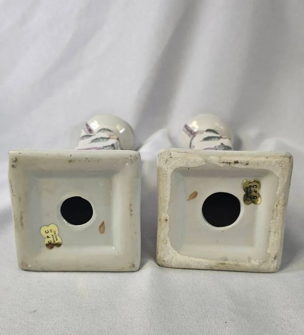 Vintage Hand-Painted Macau Porcelain Candlestick Holders - Floral Chinoiserie Pa